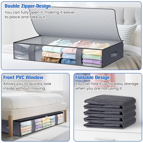 TasticTotes Under Bed Storage Containers, 4 Pack Blanket Storage Bags, Collapsible Storage Bags with Big Zippers, Clear Front, Shoe Storage and Organization for Clothes, Comforter, 90L, Grey - Image 4