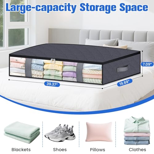 TasticTotes Under Bed Storage Containers, 4 Pack Blanket Storage Bags, Collapsible Storage Bags with Big Zippers, Clear Front, Shoe Storage and Organization for Clothes, Comforter, 90L, Grey - Image 2
