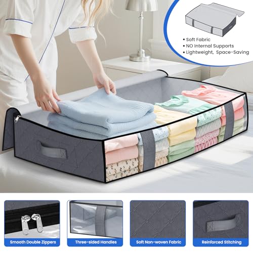 TasticTotes Under Bed Storage Containers, 4 Pack Blanket Storage Bags, Collapsible Storage Bags with Big Zippers, Clear Front, Shoe Storage and Organization for Clothes, Comforter, 90L, Grey - Image 3