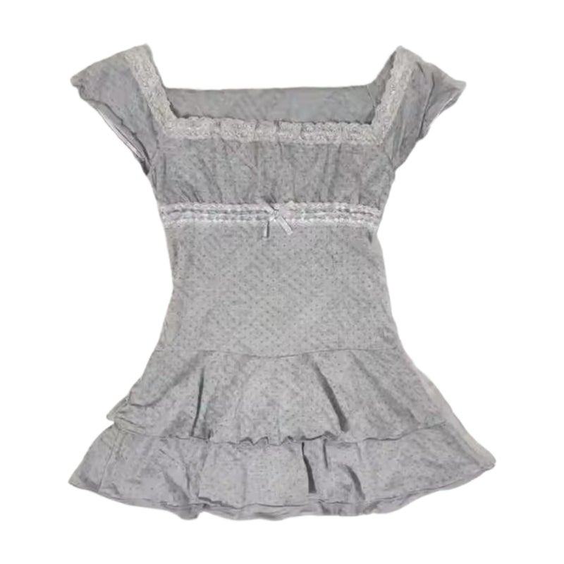 RICHTRUE Grunge Emo Goth Shirts Y2k Lace Bow Coquette Babydoll Top Women Vintage Graphic Tee 2000s Summer Top (Grey Polka Dot,Small) - Image 1
