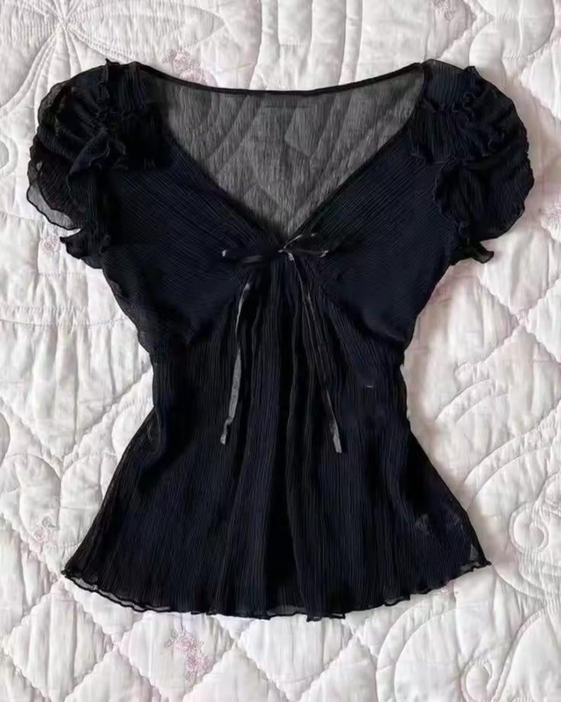 RICHTRUE Grunge Emo Goth Shirts Y2k Lace Bow Coquette Babydoll Top Women Vintage Graphic Tee 2000s Summer Top (Grey Polka Dot,Small) - Image 2