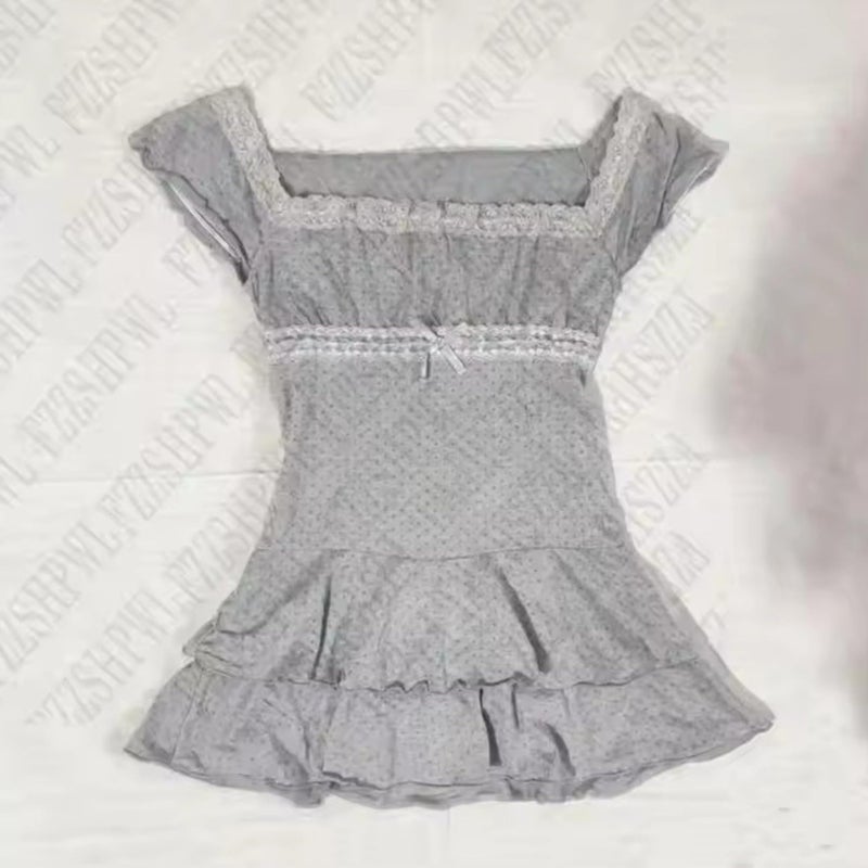 RICHTRUE Grunge Emo Goth Shirts Y2k Lace Bow Coquette Babydoll Top Women Vintage Graphic Tee 2000s Summer Top (Grey Polka Dot,Small) - Image 3