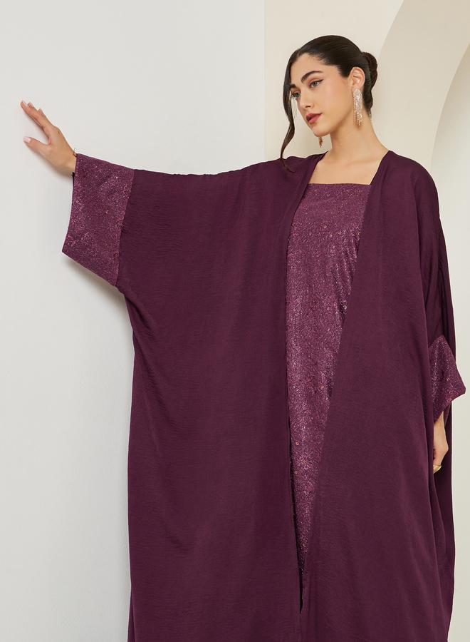 Amirah Women Burgundy Embellished Abaya with Inner Dress Set - Image 4