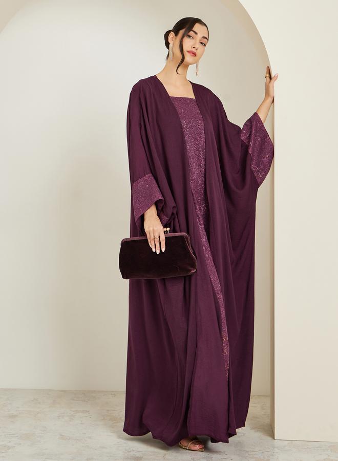 Amirah Women Burgundy Embellished Abaya with Inner Dress Set - Image 1