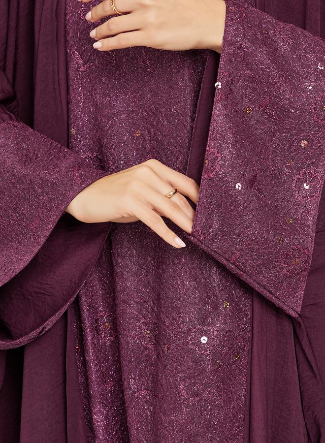 Amirah Women Burgundy Embellished Abaya with Inner Dress Set - Image 3