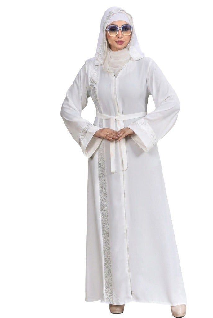 Elegant White Long Abaya with Matching Belt, Perfect for Formal & Daily Occasions, Pure White Color - Size 4XL (110 KG) - Image 1