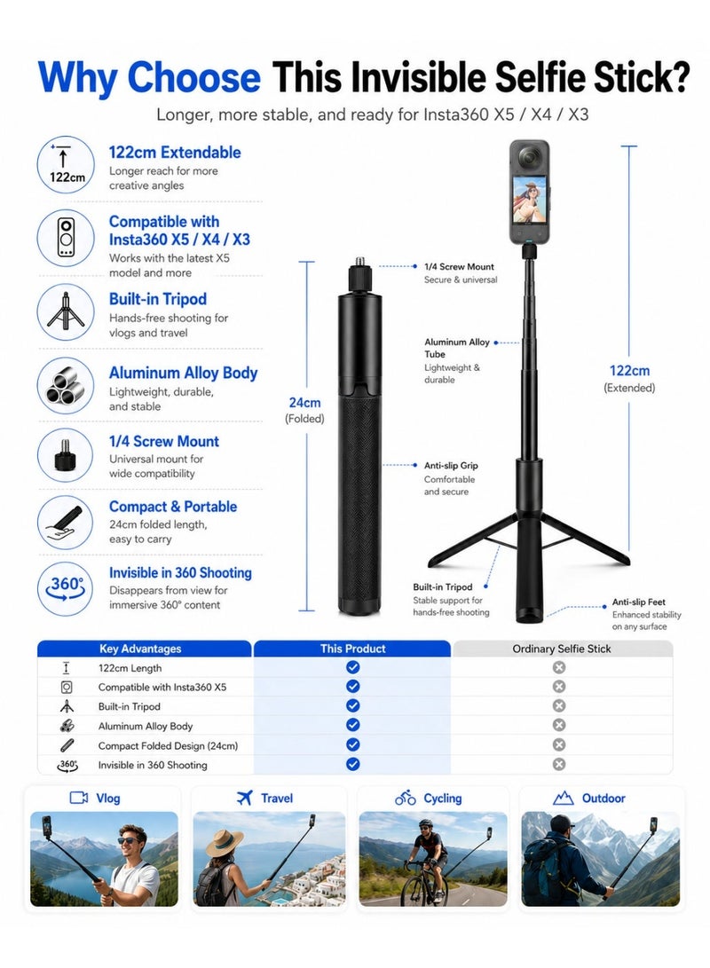 Daxiongmao 122cm Invisible Selfie Stick for Insta360 X5/X4/X3, Aluminum Alloy Extension Pole for Vlog & Action Camera - Image 2