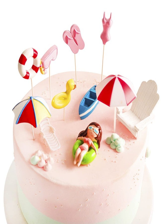 سيمبل بوليمر 11 قطعة من زينة كعكة حمام السباحة - كراسي الشاطئ الهاوايية المظلة لتزيين الكعك لحفلات أعياد الميلاد الصيفية، باللون الوردي - Image 1