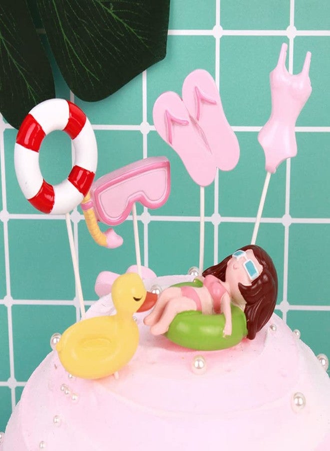 سيمبل بوليمر 11 قطعة من زينة كعكة حمام السباحة - كراسي الشاطئ الهاوايية المظلة لتزيين الكعك لحفلات أعياد الميلاد الصيفية، باللون الوردي - Image 3