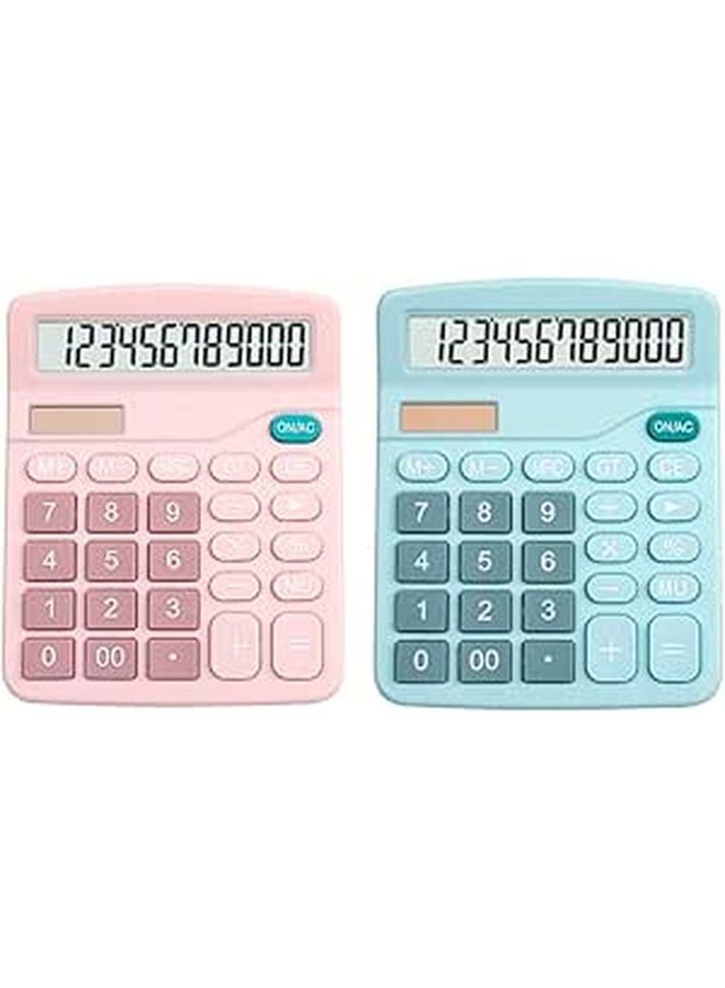 2PCS Solar Dual Power Calculator 12 Digit Large Display for Students Office School Pink Blue - Image 1