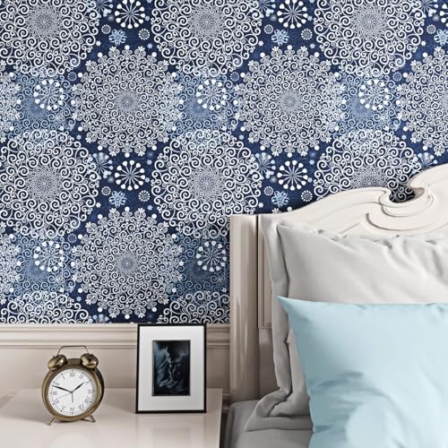 ReWallpaper ورق جدران قابل للإزالة 17.5 بوصة × 23 قدم ورق جدران مزخرف بالأزرق الزهري قابل للالتصاق واللصق ورق جدران بوهيمي رول ورق حائط بحري للجدران والسقف وحمامات جمالية بطانة خزائن - Image 2