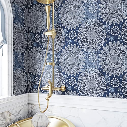 ReWallpaper ورق جدران قابل للإزالة 17.5 بوصة × 23 قدم ورق جدران مزخرف بالأزرق الزهري قابل للالتصاق واللصق ورق جدران بوهيمي رول ورق حائط بحري للجدران والسقف وحمامات جمالية بطانة خزائن - Image 3