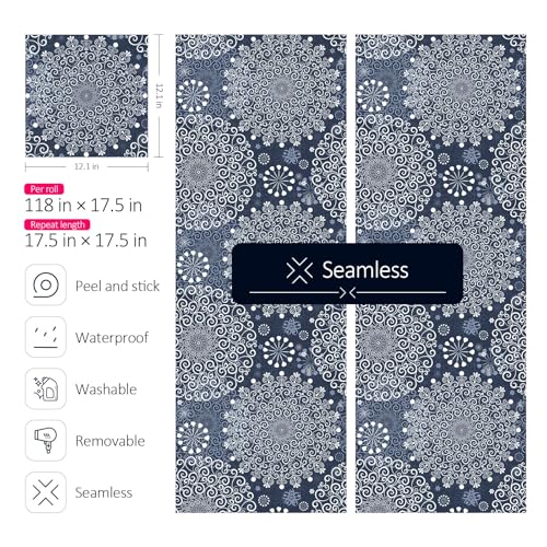 ReWallpaper ورق جدران قابل للإزالة 17.5 بوصة × 23 قدم ورق جدران مزخرف بالأزرق الزهري قابل للالتصاق واللصق ورق جدران بوهيمي رول ورق حائط بحري للجدران والسقف وحمامات جمالية بطانة خزائن - Image 5