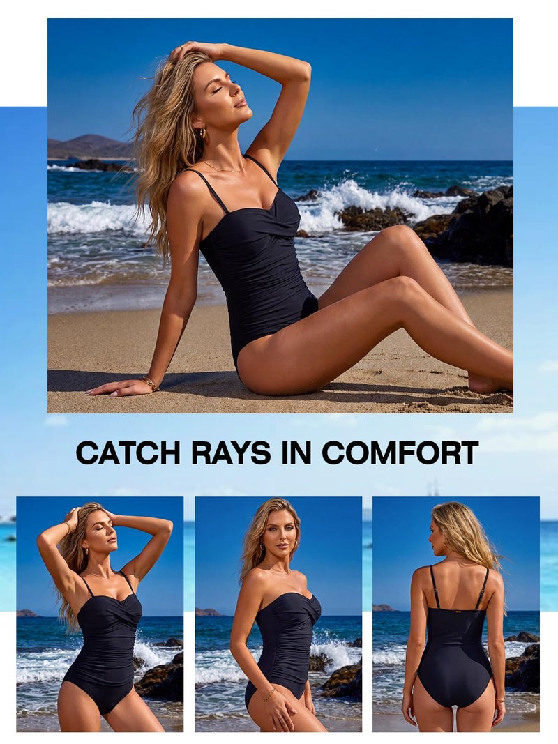 RELLECIGA Women's Tummy Control One Piece Swimsuit Bandeau Strapless Ruched Bathing Suits(Black,XLarge) - Image 2