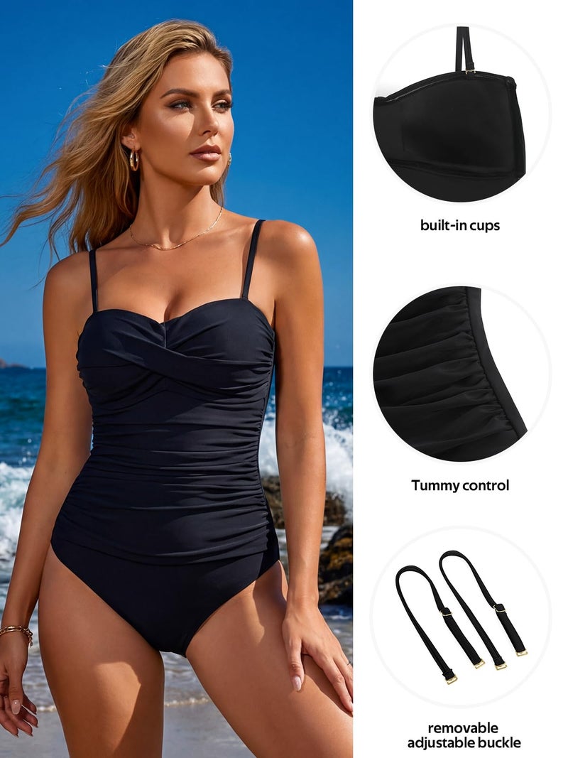 RELLECIGA Women's Tummy Control One Piece Swimsuit Bandeau Strapless Ruched Bathing Suits(Black,XLarge) - Image 3