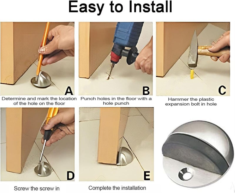 BEANPRECOY 4 Pcs Floor Door Stopper, Single Hole Stainless Steel Door Stopper Floor Mounted Doorstop with Hardware Screws and 3M Adhesive, Heavy Duty Floor Door Stop for Protect Wall and Furniture - Image 4
