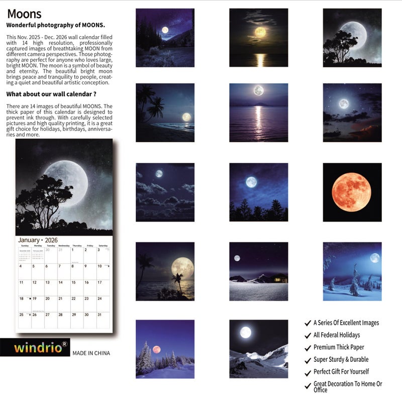 windrio 2026 Wall Calendar,Calendar 2026, November 2025 - December 2026, Wall Calendar Moon, 12" x 24" Opened,Full Page Months Thick & Sturdy Paper for Calendar Organizing & Planning - Image 2