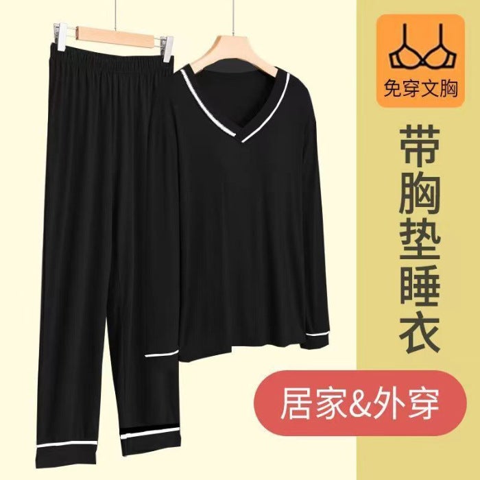 Spring Autumn Thin Pajama Set with PadsDouble long v-neck black Double long v-neck black