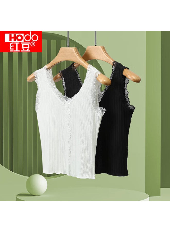 hongdou Hodo Women's Soft Cotton Lace V-neck Versatile Camisole, Vertical Striped Breathable Undershirt, Elegant Black, Size 160 - Image 2