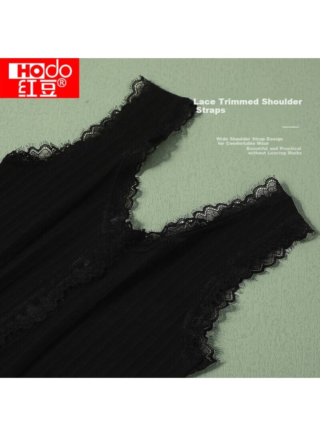 hongdou Hodo Women's Soft Cotton Lace V-neck Versatile Camisole, Vertical Striped Breathable Undershirt, Elegant Black, Size 160 - Image 3