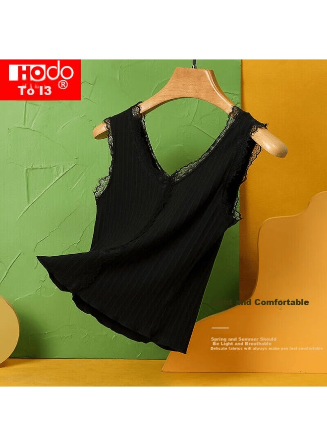 hongdou Hodo Women's Soft Cotton Lace V-neck Versatile Camisole, Vertical Striped Breathable Undershirt, Elegant Black, Size 160 - Image 1