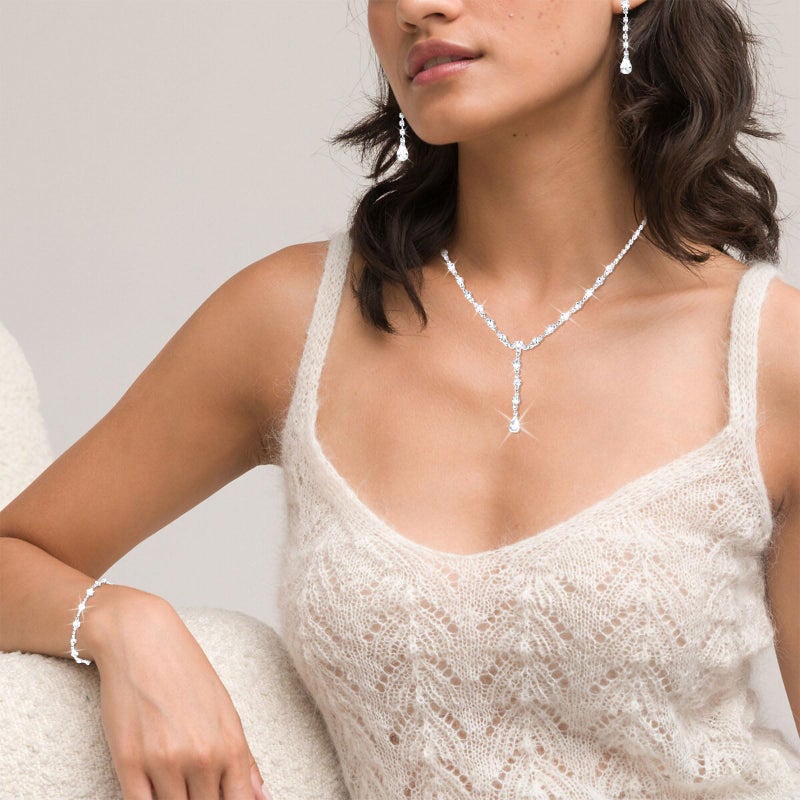 CAVETEE Silver Jewelry Set for Women, Crystal Bridal Necklace, Earring and Bracelet for women Wedding Jewelry Gifts for Brides Costume Accessories - Image 2