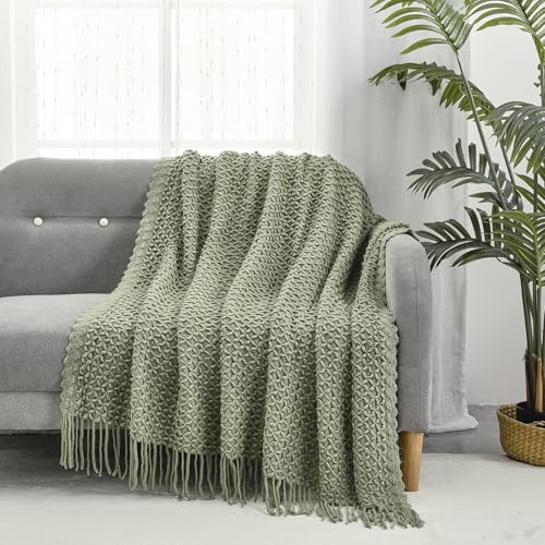 CREVENT Farmhouse Boho Knitted Throw Blanket for Couch Sofa Chair Bed Home Decoration Soft Warm Cozy Light Weight for Spring Summer Fall 50X60 Sage Green - Image 3
