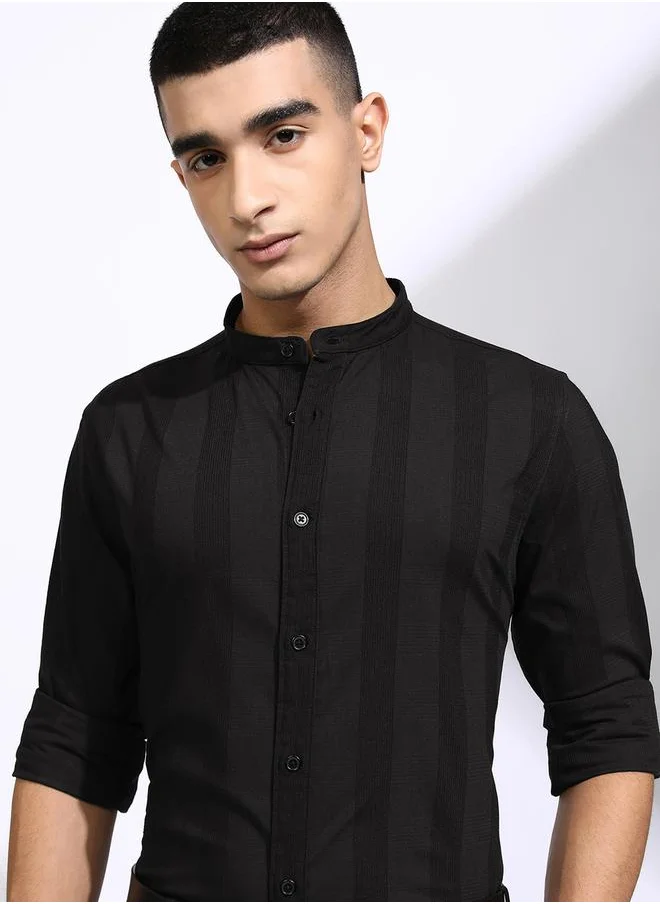 هاي لاندر Striped Regular Fit Mandarin Collar Shirt