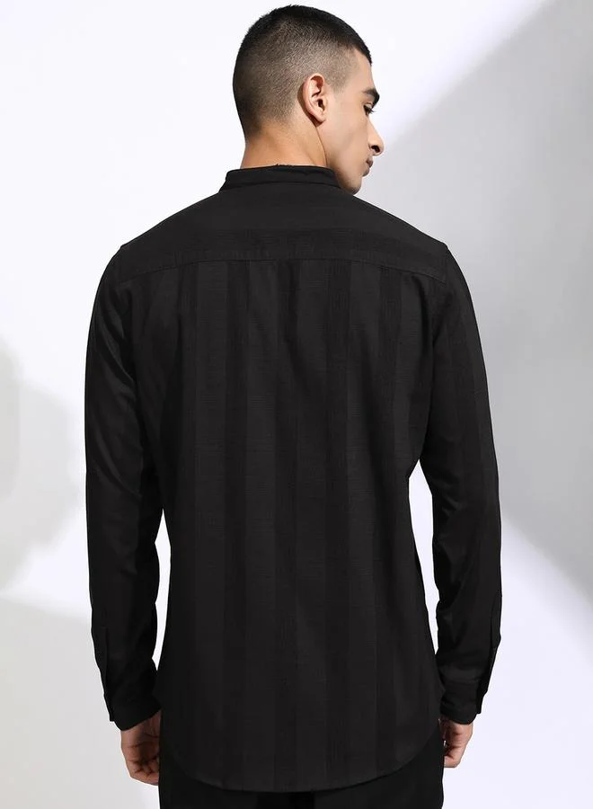 HIGHLANDER Striped Regular Fit Mandarin Collar Shirt by Styli
