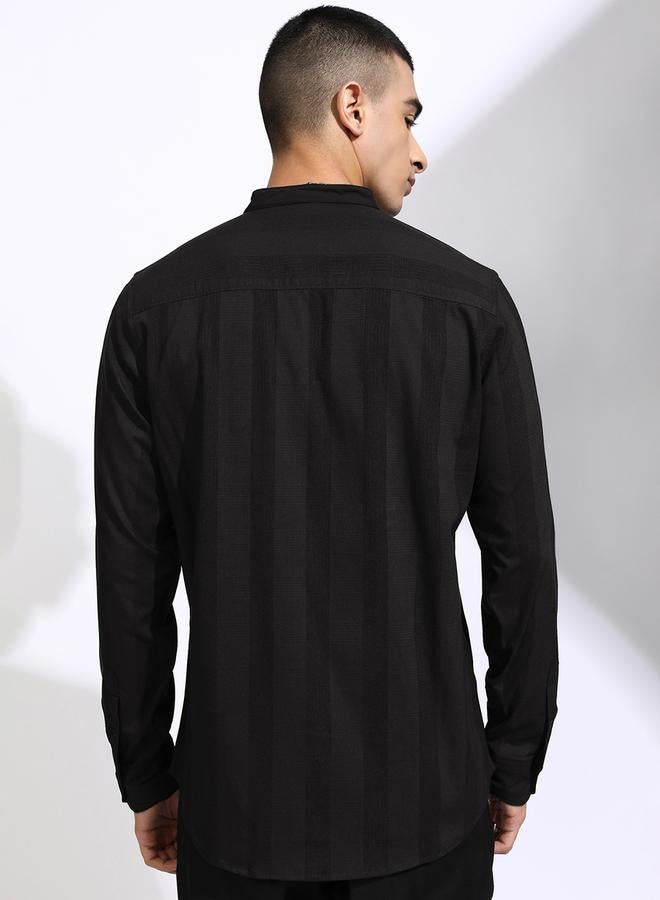 HIGHLANDER Striped Regular Fit Mandarin Collar Shirt - Image 3