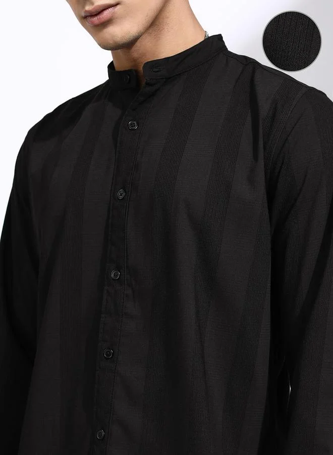 HIGHLANDER Striped Regular Fit Mandarin Collar Shirt by Styli