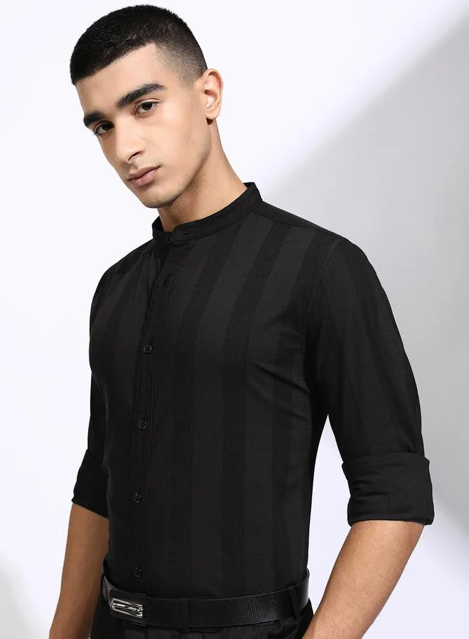 HIGHLANDER Striped Regular Fit Mandarin Collar Shirt by Styli