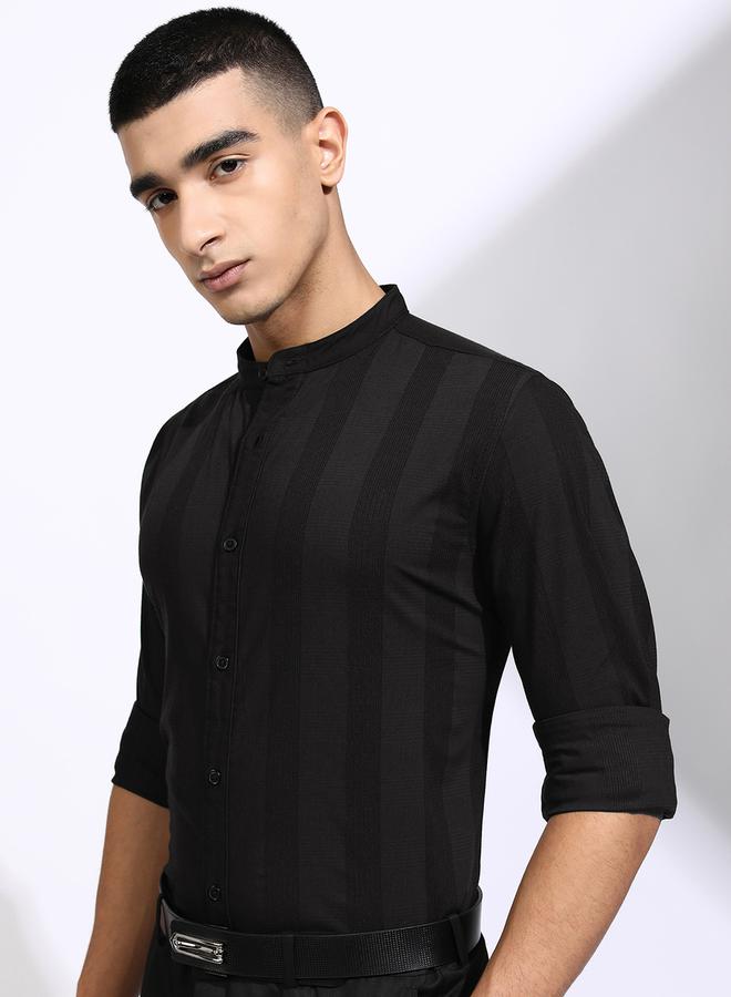 HIGHLANDER Striped Regular Fit Mandarin Collar Shirt - Image 4