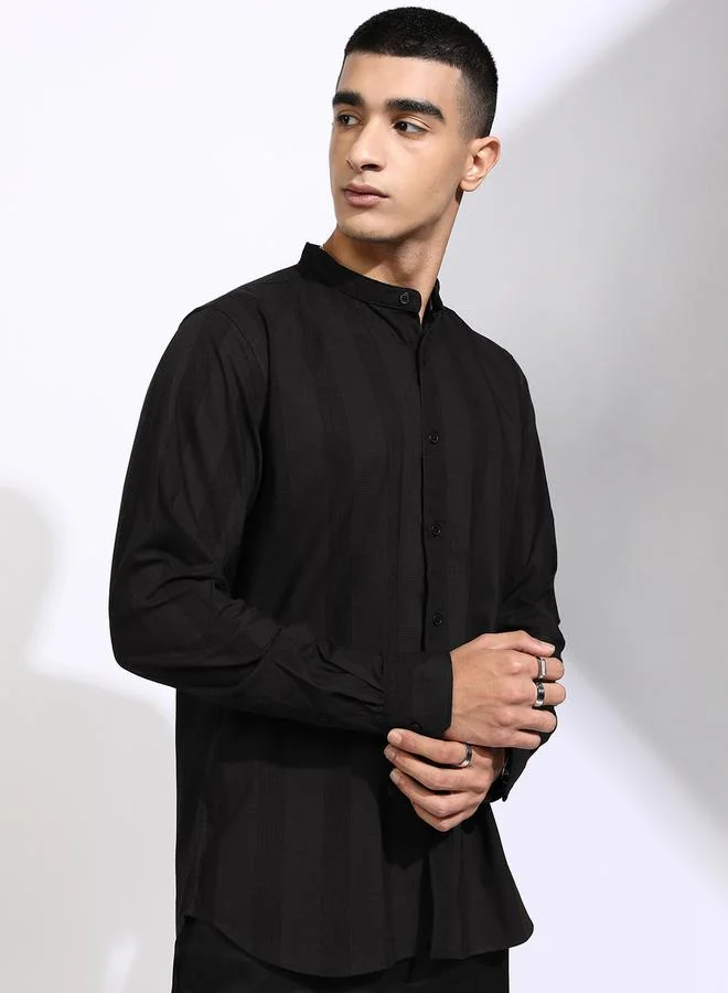 HIGHLANDER Striped Regular Fit Mandarin Collar Shirt by Styli