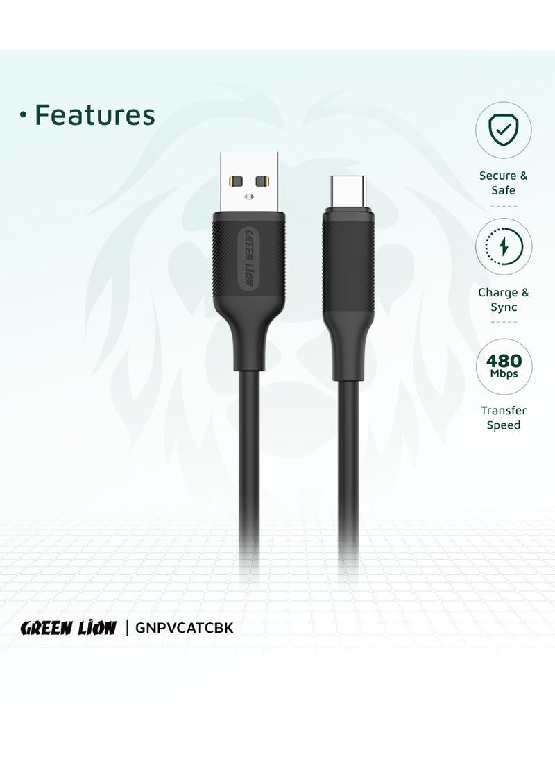 GREEN LION USB-A To Type-C PVC Cable / 60W Fast Charging PD / 1 Meter Length / Super Durable / Secure & Safe / Charge & Sync / 480Mbps Transfer Speed / High Speed Charging / Quick Data Sync / 10000 Bends Life Span / Premium Quality - Black - Image 2