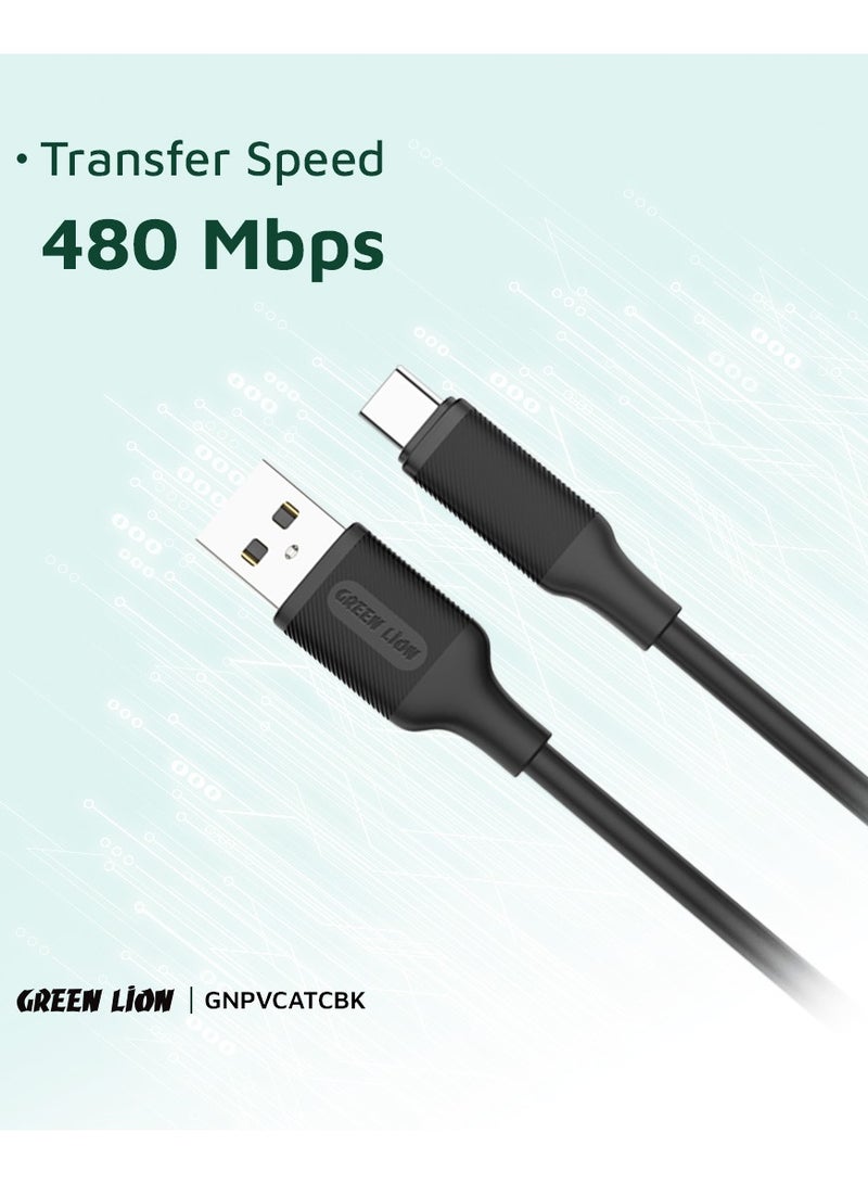 GREEN LION USB-A To Type-C PVC Cable / 60W Fast Charging PD / 1 Meter Length / Super Durable / Secure & Safe / Charge & Sync / 480Mbps Transfer Speed / High Speed Charging / Quick Data Sync / 10000 Bends Life Span / Premium Quality - Black - Image 3