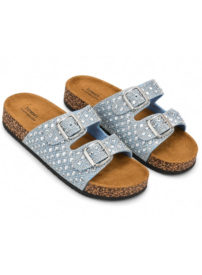 Women's Comfortable Double-Strap Slide Slipper with Buckles, Colorful Bead Accents, and Cork-Inspired Footbed