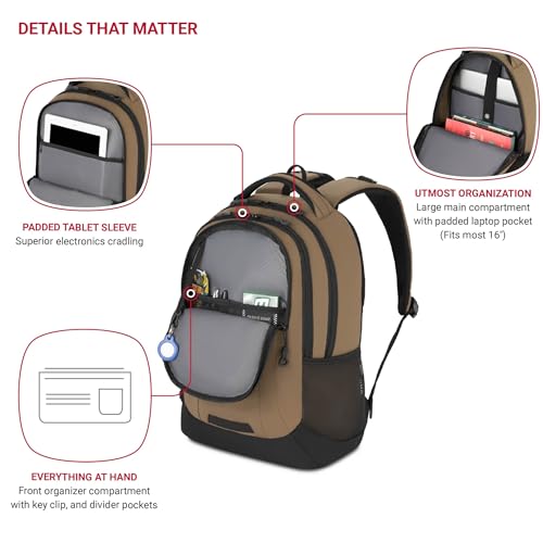 SwissGear Cecil 5505 Laptop Backpack, Pastel Brown/Black, 18-Inch - Image 3