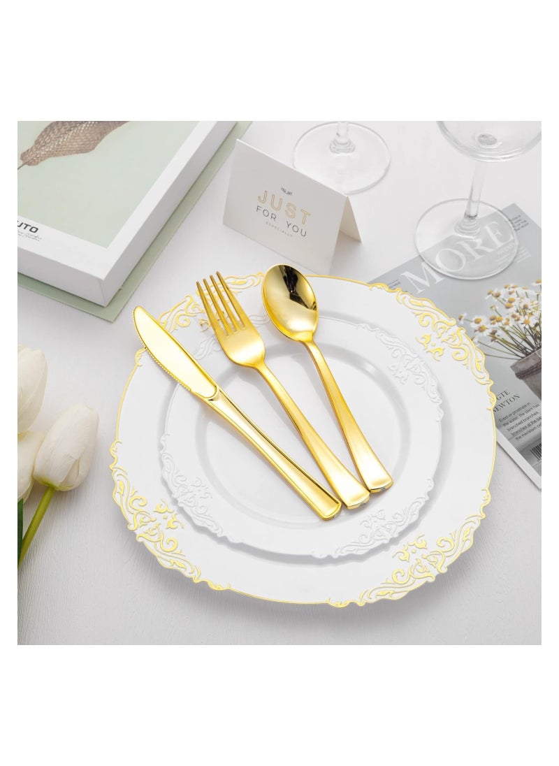 SYOSI - 75 Pcs Gold Plastic Silverware, Gold Disposable Silverware, Include 25 Forks, 25 Spoons, 25 Knives, Gold Plastic Flatware, Gold Cutlery Set Disposable for Weddings, Birthdays Party and Daily Use - Image 1