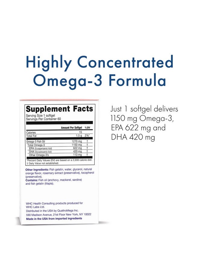 WHC - Unocardio X2 Fish Oil Triglyceride Omega3 Fatty Acids 1270 Mg Fish Oil Supplement (622 Mg Epa / 420 Mg Dha/Total 1150 Mg Of Omega3 Per Serving) Natural Orange 60 Softgels - Image 1