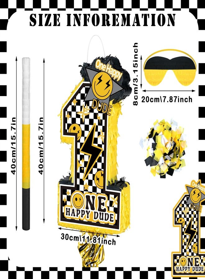 Ferraycle One Happy Dude Number 1 Piñata with Stick Blindfold Confetti Happy 1st Birthday Party Decoration Yellow Smile Face and Black Lightning Photo Props for Kids Baby Shower Hippie Groovy Supplies - Image 2