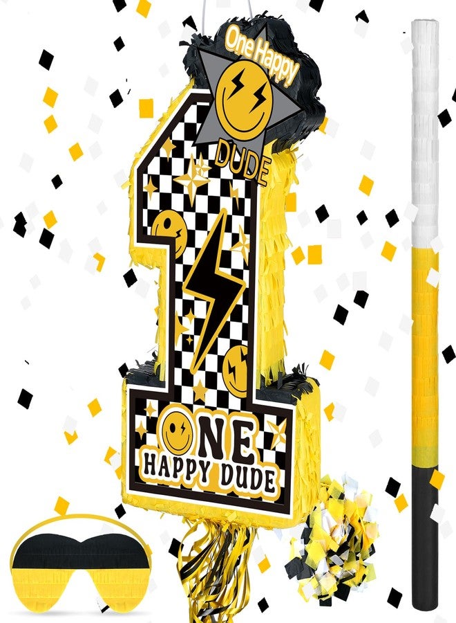 Ferraycle One Happy Dude Number 1 Piñata with Stick Blindfold Confetti Happy 1st Birthday Party Decoration Yellow Smile Face and Black Lightning Photo Props for Kids Baby Shower Hippie Groovy Supplies - Image 1