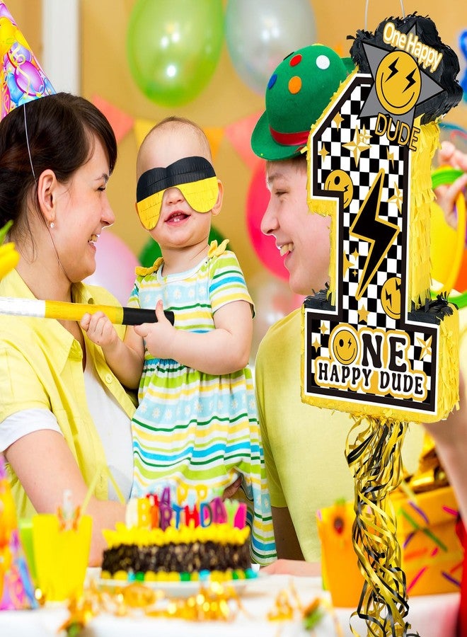 Ferraycle One Happy Dude Number 1 Piñata with Stick Blindfold Confetti Happy 1st Birthday Party Decoration Yellow Smile Face and Black Lightning Photo Props for Kids Baby Shower Hippie Groovy Supplies - Image 5