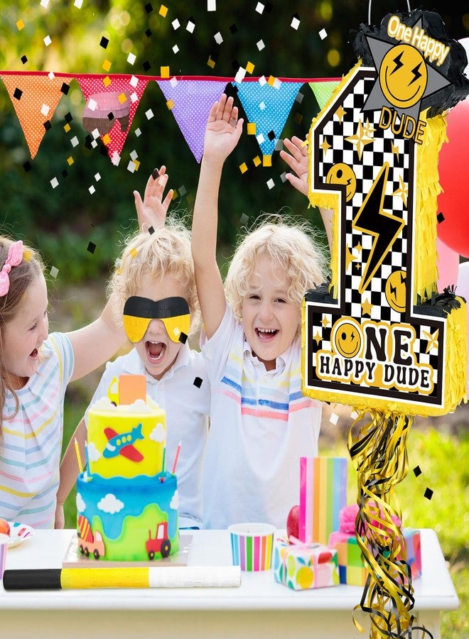 Ferraycle One Happy Dude Number 1 Piñata with Stick Blindfold Confetti Happy 1st Birthday Party Decoration Yellow Smile Face and Black Lightning Photo Props for Kids Baby Shower Hippie Groovy Supplies - Image 4