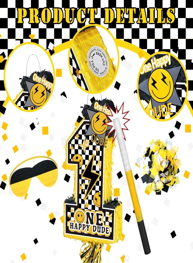 Ferraycle One Happy Dude Number 1 Piñata with Stick Blindfold Confetti Happy 1st Birthday Party Decoration Yellow Smile Face and Black Lightning Photo Props for Kids Baby Shower Hippie Groovy Supplies - Image 3