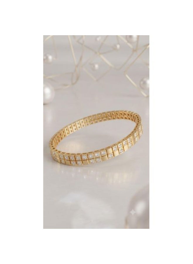 Stainless Steel Double-Row Bangle with Gold Finish, Geometric Cubes, and Crystal Inlays