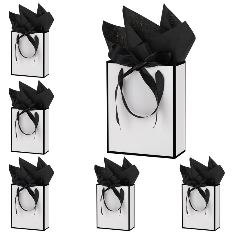 OEMVALATY 6 Pcs Thank You Gift Bags with Handles and Tissue Paper 9 x 7 x 3. 15'' Elegant Welcome Gift Bags with Bow Ribbon for Wedding Bridesmaid Baby Shower Groomsmen Birthday Party(White, Black) - Image 1