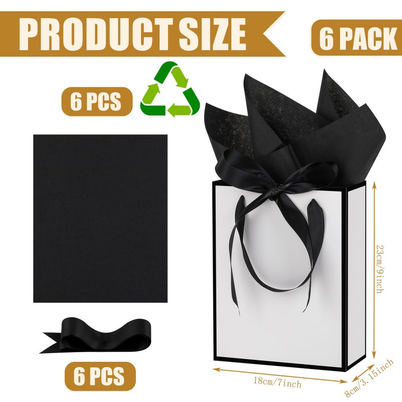 OEMVALATY 6 Pcs Thank You Gift Bags with Handles and Tissue Paper 9 x 7 x 3. 15'' Elegant Welcome Gift Bags with Bow Ribbon for Wedding Bridesmaid Baby Shower Groomsmen Birthday Party(White, Black) - Image 2
