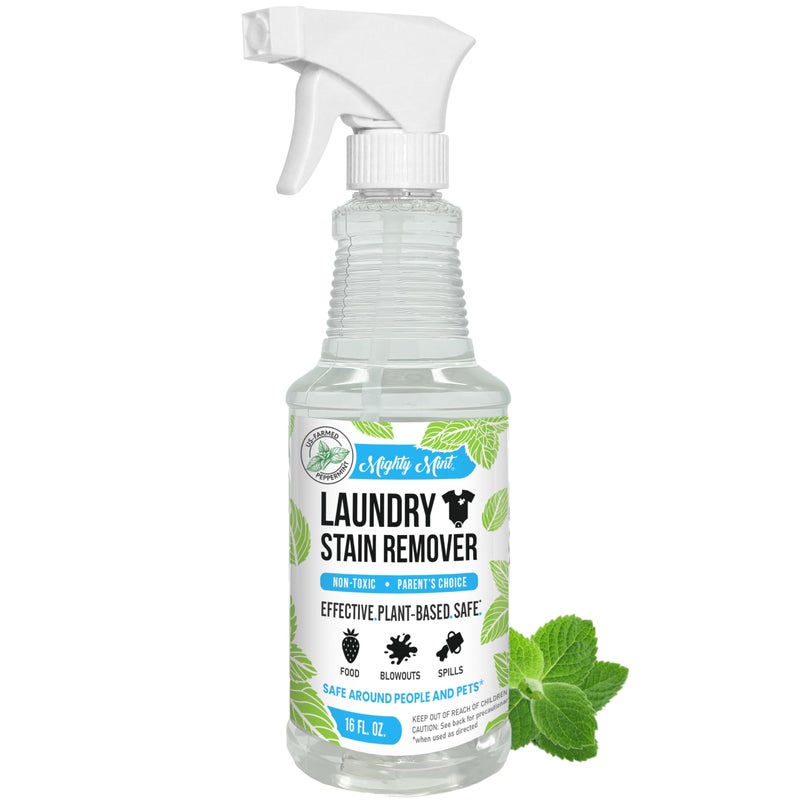 Mighty Mint Laundry Stain Remover, Parent’s Choice Spray for Stains from Food, Drink, Grease, Natural Peppermint Scent, 16oz - Image 1
