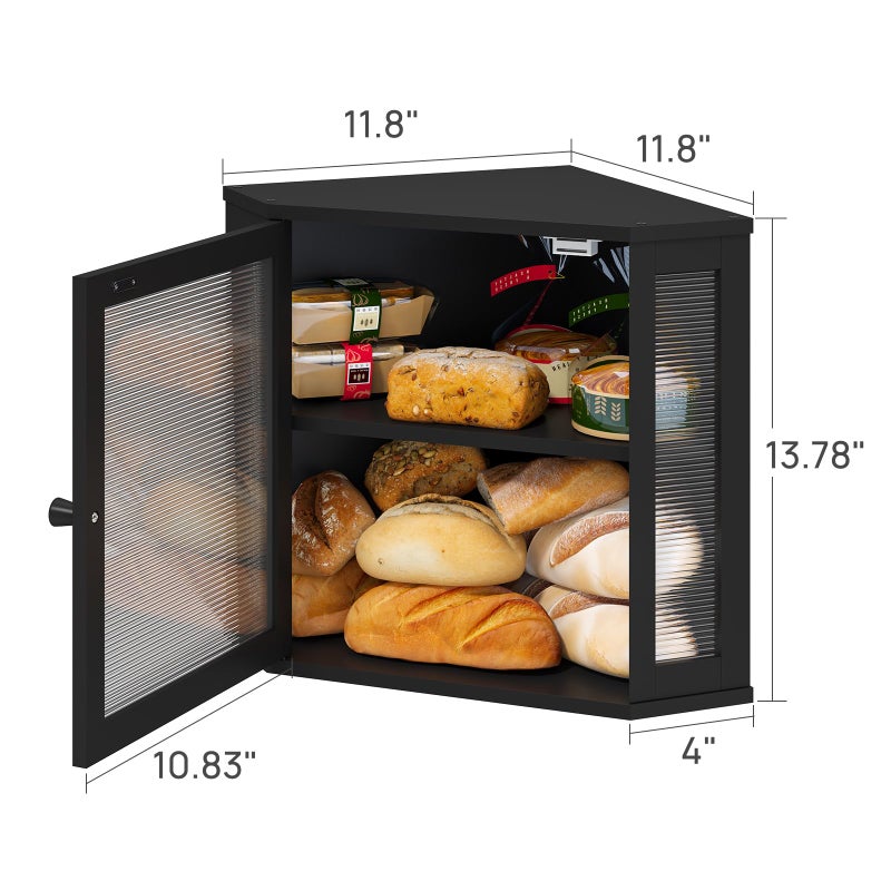 viewcare Corner Bread Box for Kitchen Counter, Bamboo Wood Black Bread Box, Large Capacity Bread Storage Bin with Acrylic Wavy Door Panel (Black, Meduim) - Image 5